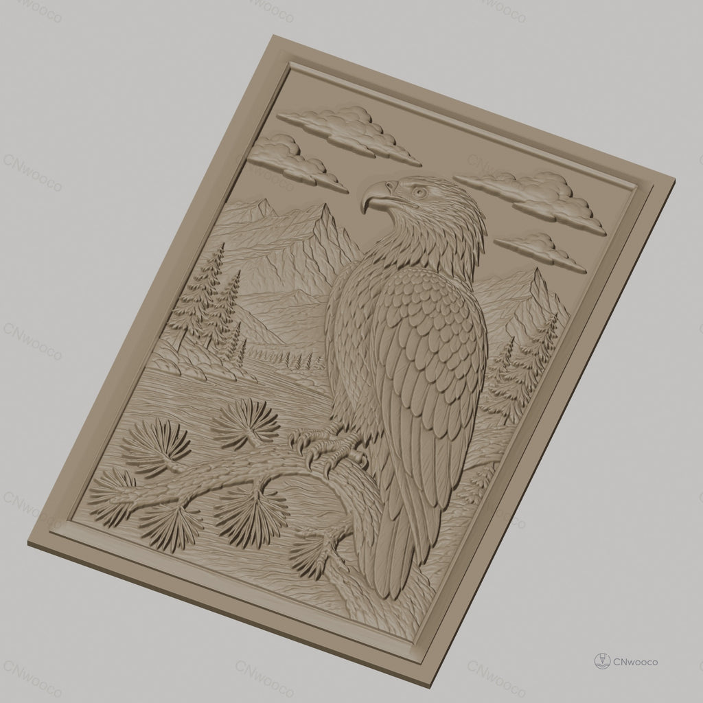 Fichier CNC & impression 3D aigle et paysage montagneux, forêt et rivière, haute qualité relief STL