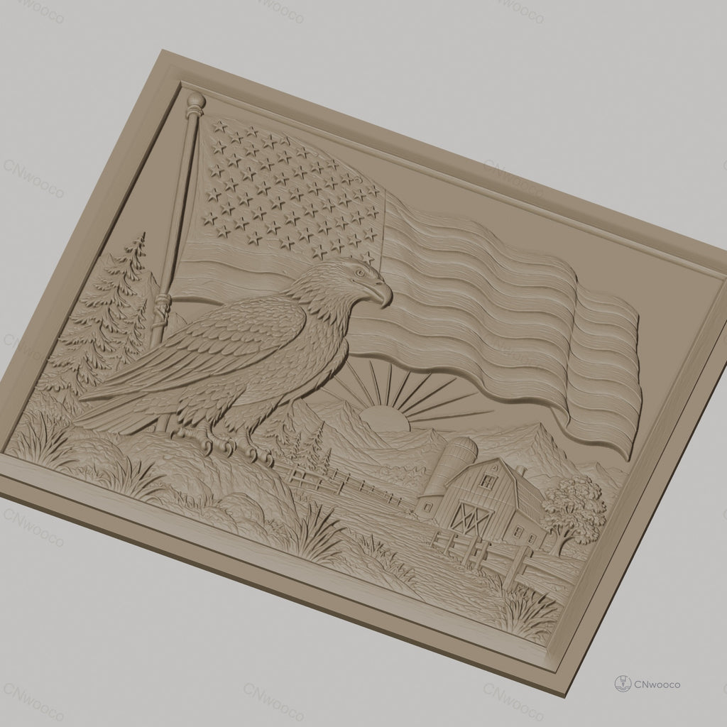 Fichier CNC & impression 3D aigle américain, drapeau USA, ferme et montagne, haute qualité relief STL