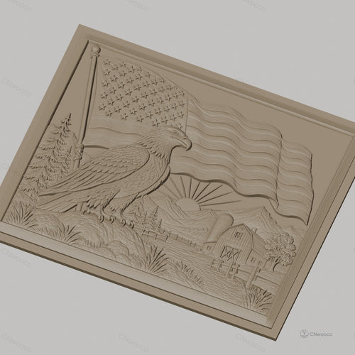 Fichier CNC & impression 3D aigle américain, drapeau USA, ferme et montagne, haute qualité relief STL