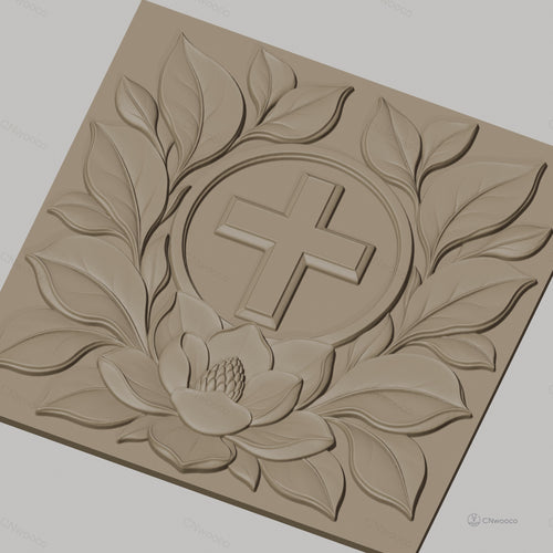 Fichier CNC & impression 3D Croix chrétienne, fleur de lotus et feuilles, haute qualité relief STL