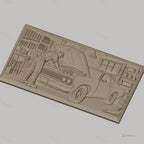 Fichier CNC & impression 3D réparation voiture ancienne, mécanicien dans garage, outils et voiture muscle car, haute qualité relief STL