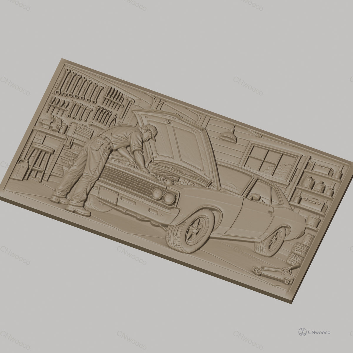 Fichier CNC & impression 3D réparation voiture ancienne, mécanicien dans garage, outils et voiture muscle car, haute qualité relief STL