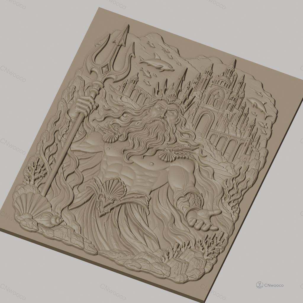 Fichier CNC & impression 3D Poseidon dieu de la mer, trident, dauphins, château sous-marin, haute qualité relief STL