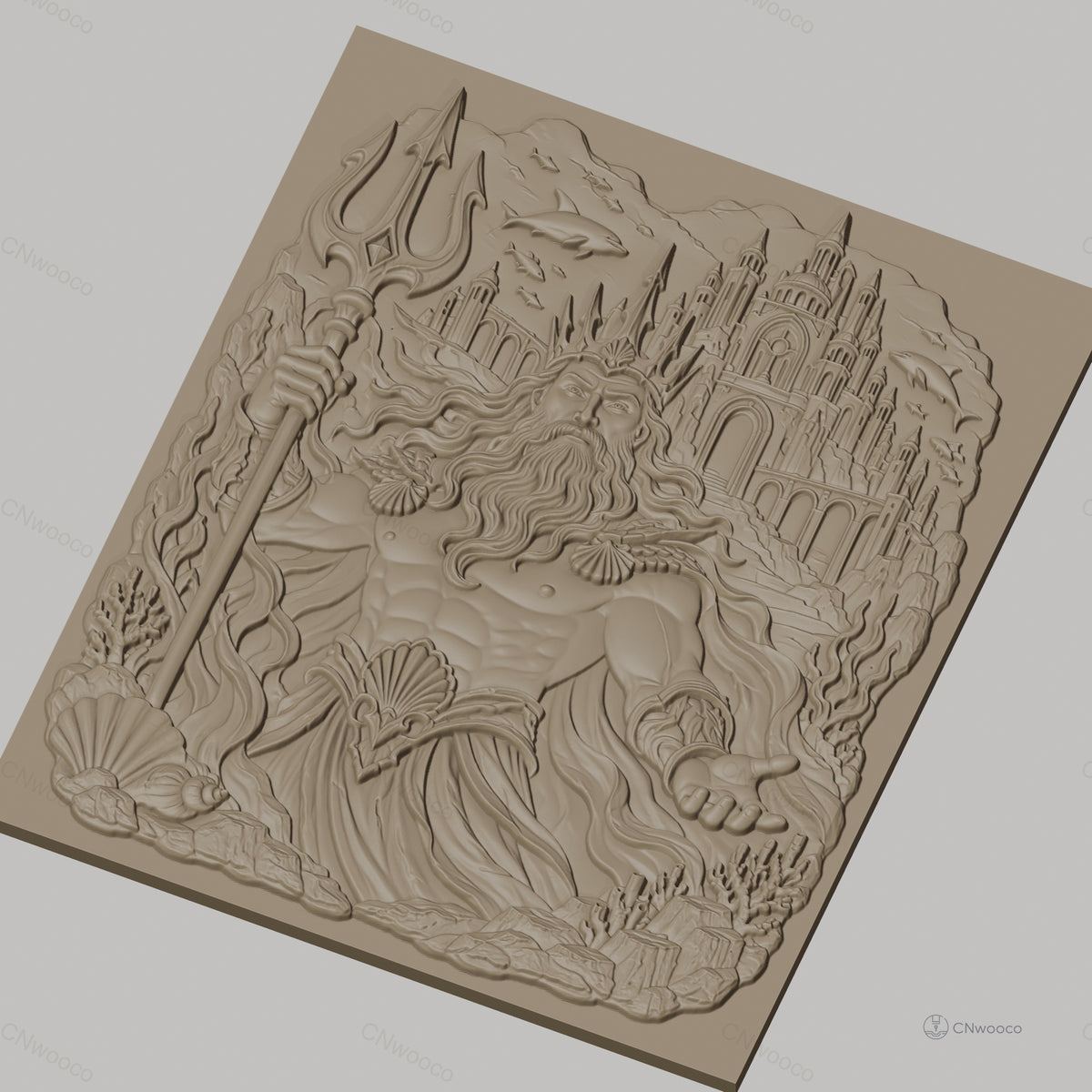 Fichier CNC & impression 3D Poseidon dieu de la mer, trident, dauphins, château sous-marin, haute qualité relief STL