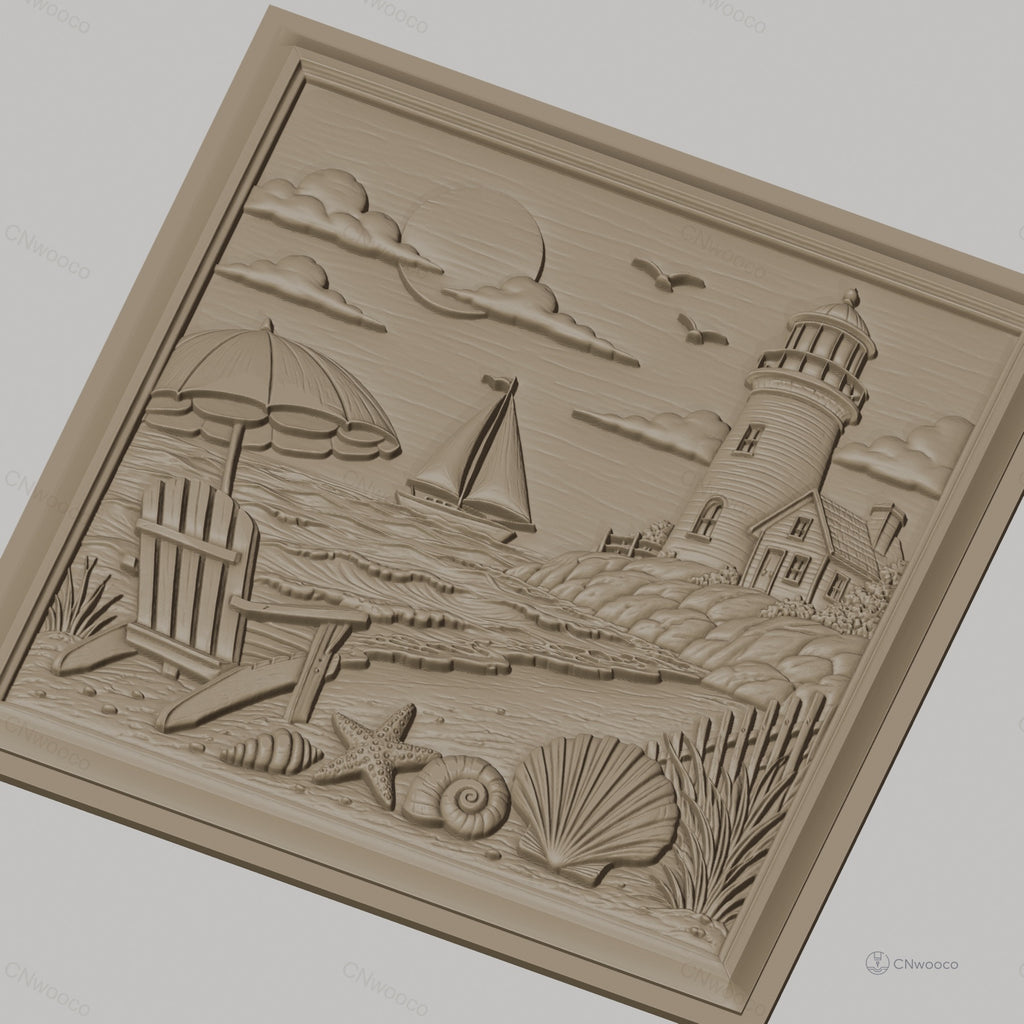 Fichier CNC & impression 3D scène de plage, phare voilier coquillages et chaise, haute qualité relief STL