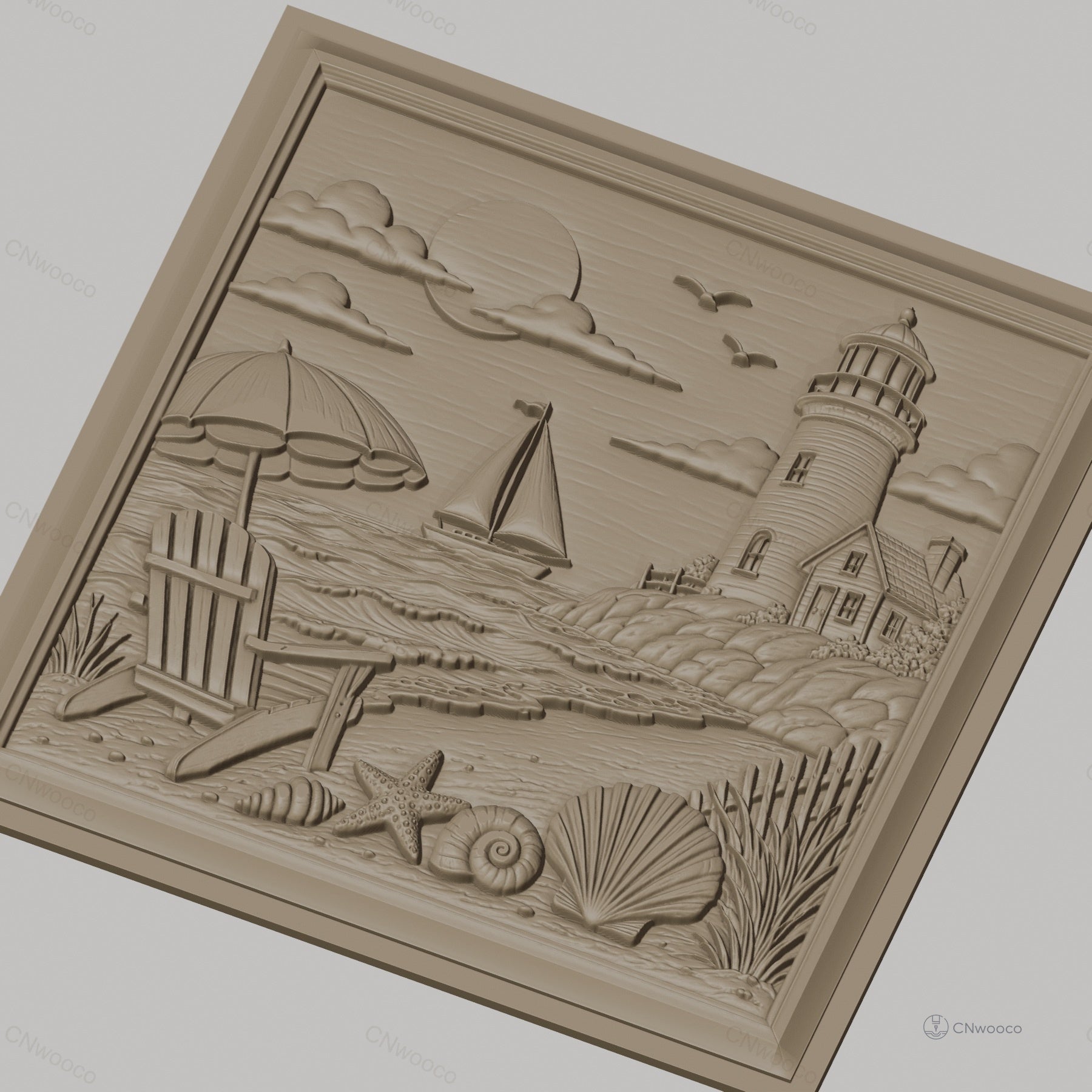 Fichier CNC & impression 3D scène de plage, phare voilier coquillages et chaise, haute qualité relief STL