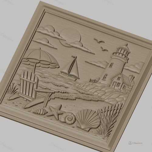 Fichier CNC & impression 3D scène de plage, phare voilier coquillages et chaise, haute qualité relief STL