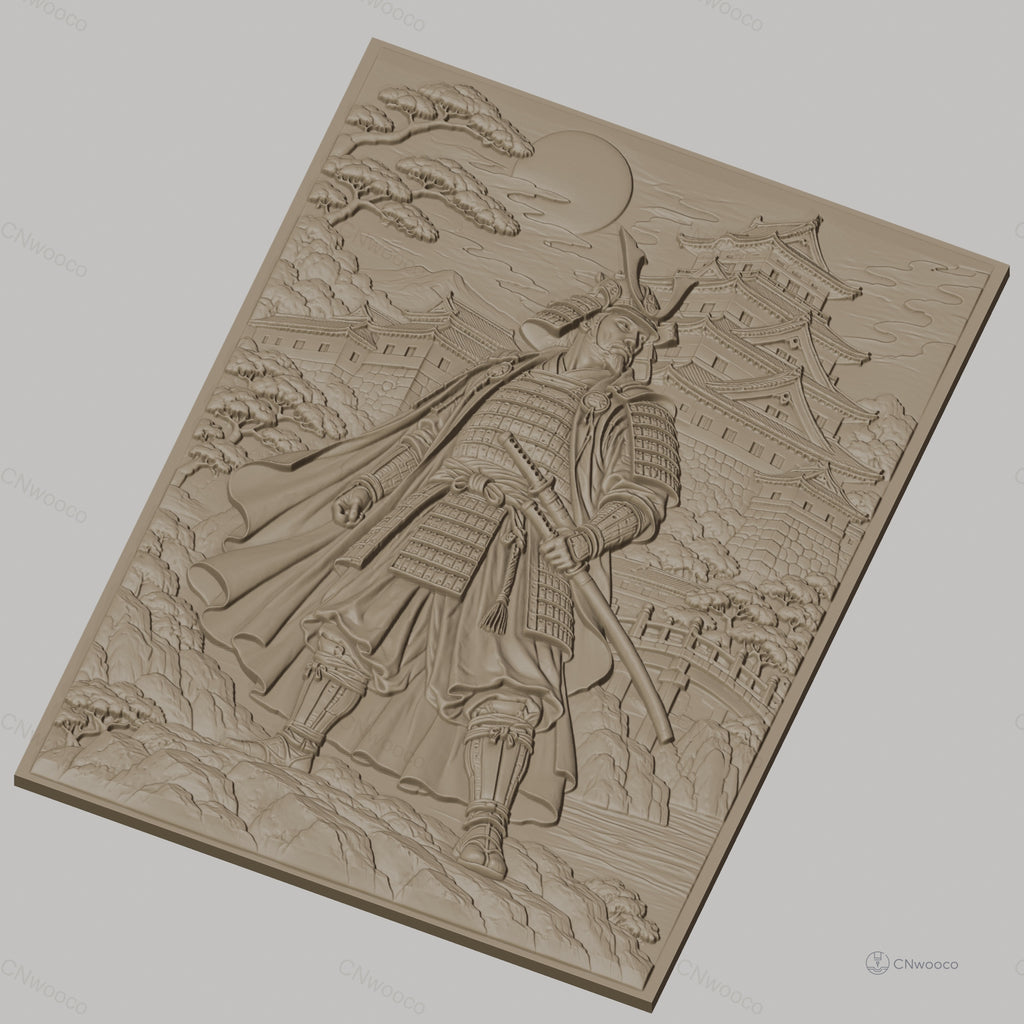 Fichier CNC & impression 3D samouraï japonais, château traditionnel, paysage montagneux, haute qualité relief STL