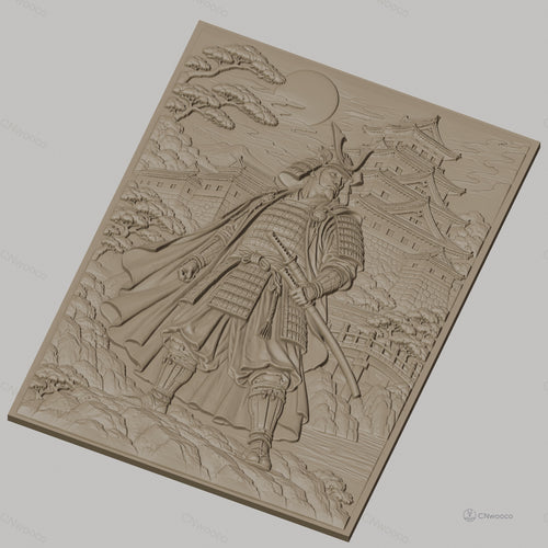 Fichier CNC & impression 3D samouraï japonais, château traditionnel, paysage montagneux, haute qualité relief STL