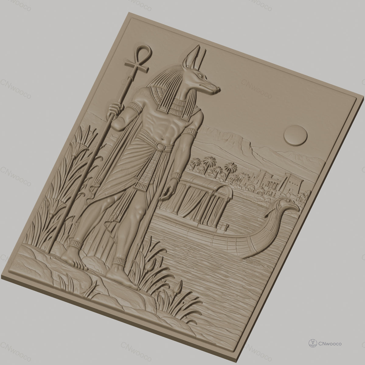 Fichier CNC & impression 3D Dieu égyptien Anubis avec bateau, paysage du Nil, haute qualité relief STL