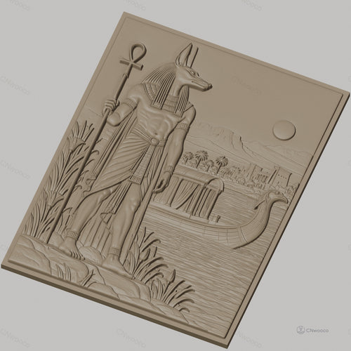 Fichier CNC & impression 3D Dieu égyptien Anubis avec bateau, paysage du Nil, haute qualité relief STL