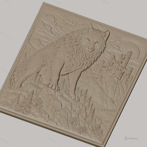 Fichier CNC & impression 3D loup sur rocher, château médiéval, forêt et montagne, haute qualité relief STL