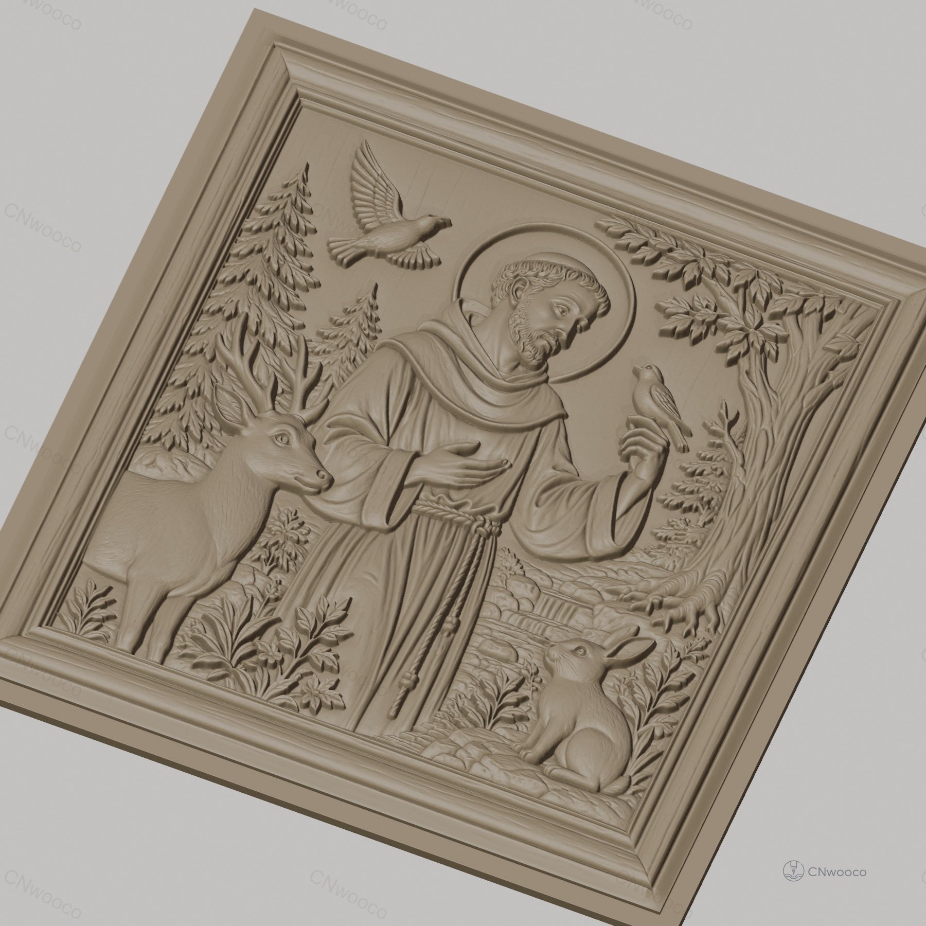 Fichier CNC & impression 3D saint François avec animaux, cerf oiseaux et lapin, haute qualité relief STL