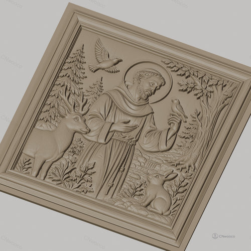 Fichier CNC & impression 3D saint François avec animaux, cerf oiseaux et lapin, haute qualité relief STL