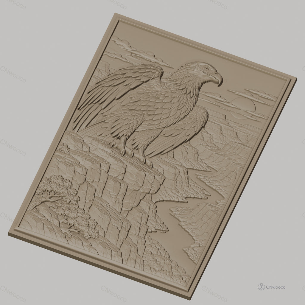 Fichier CNC & impression 3D aigle sur falaise, rivière sinueuse et canyon, haute qualité relief STL
