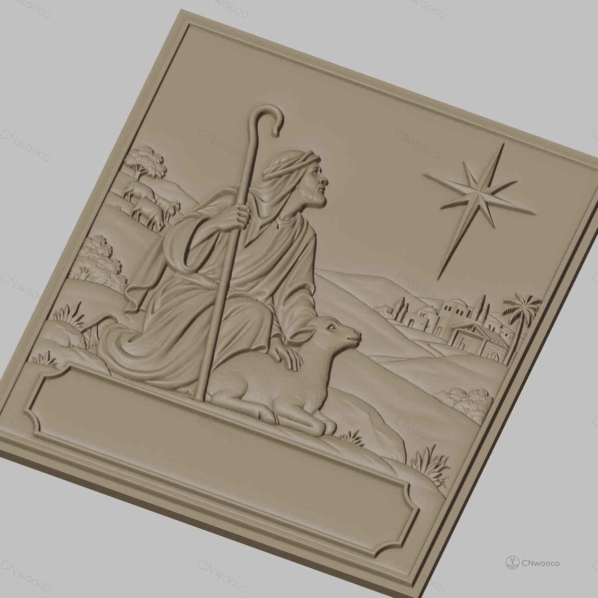 Fichier CNC & impression 3D berger avec agneau et étoile de Bethléem, paysage biblique, haute qualité relief STL