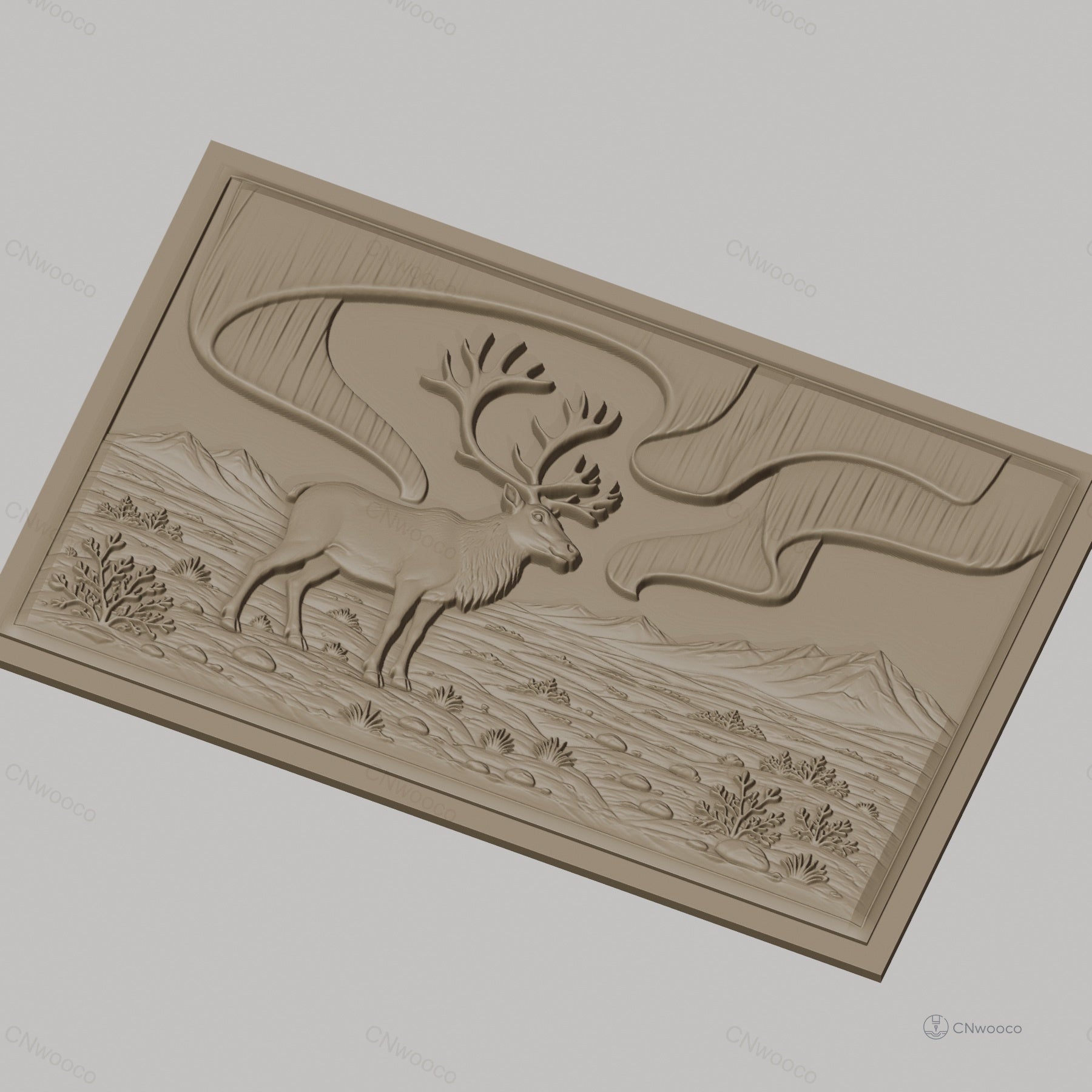 Fichier CNC & impression 3D Cerf avec bois, paysage montagnard et plantes, haute qualité relief STL
