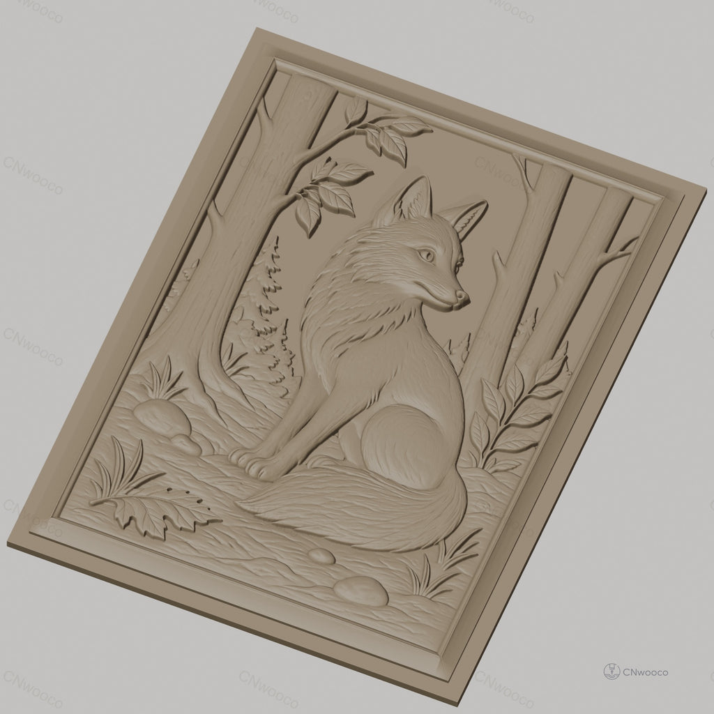 Fichier CNC & impression 3D renard assis, forêt, arbres et feuilles, haute qualité relief STL