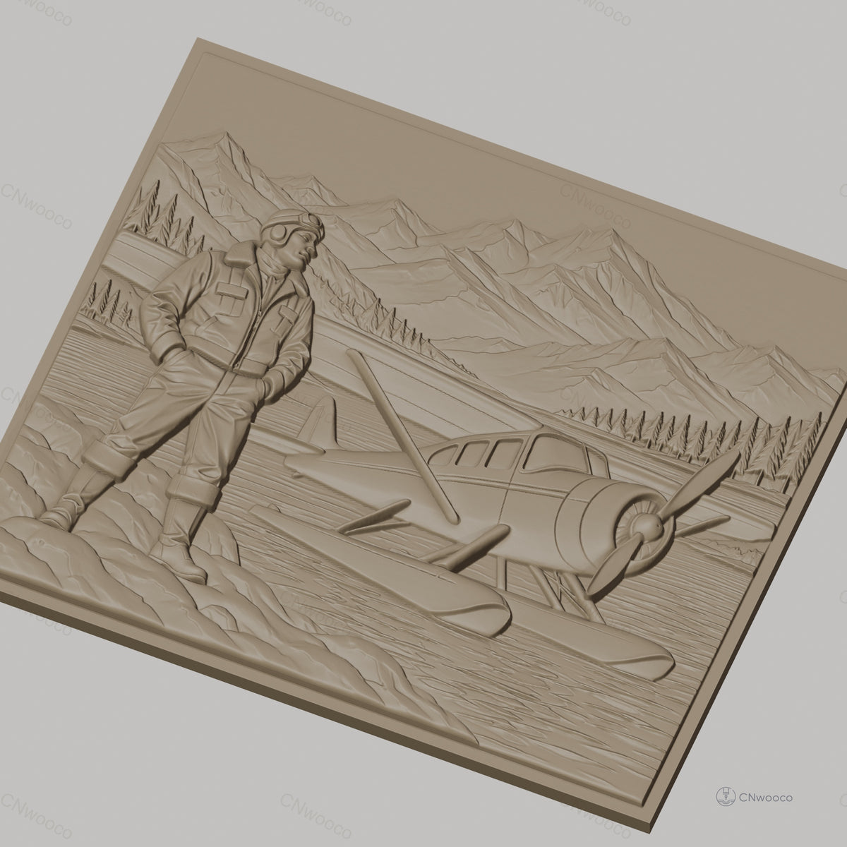 Fichier CNC & impression 3D pilote d'avion et hydravion sur lac montagnard, haute qualité relief STL