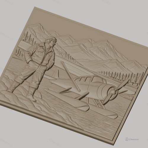 Fichier CNC & impression 3D pilote d'avion et hydravion sur lac montagnard, haute qualité relief STL