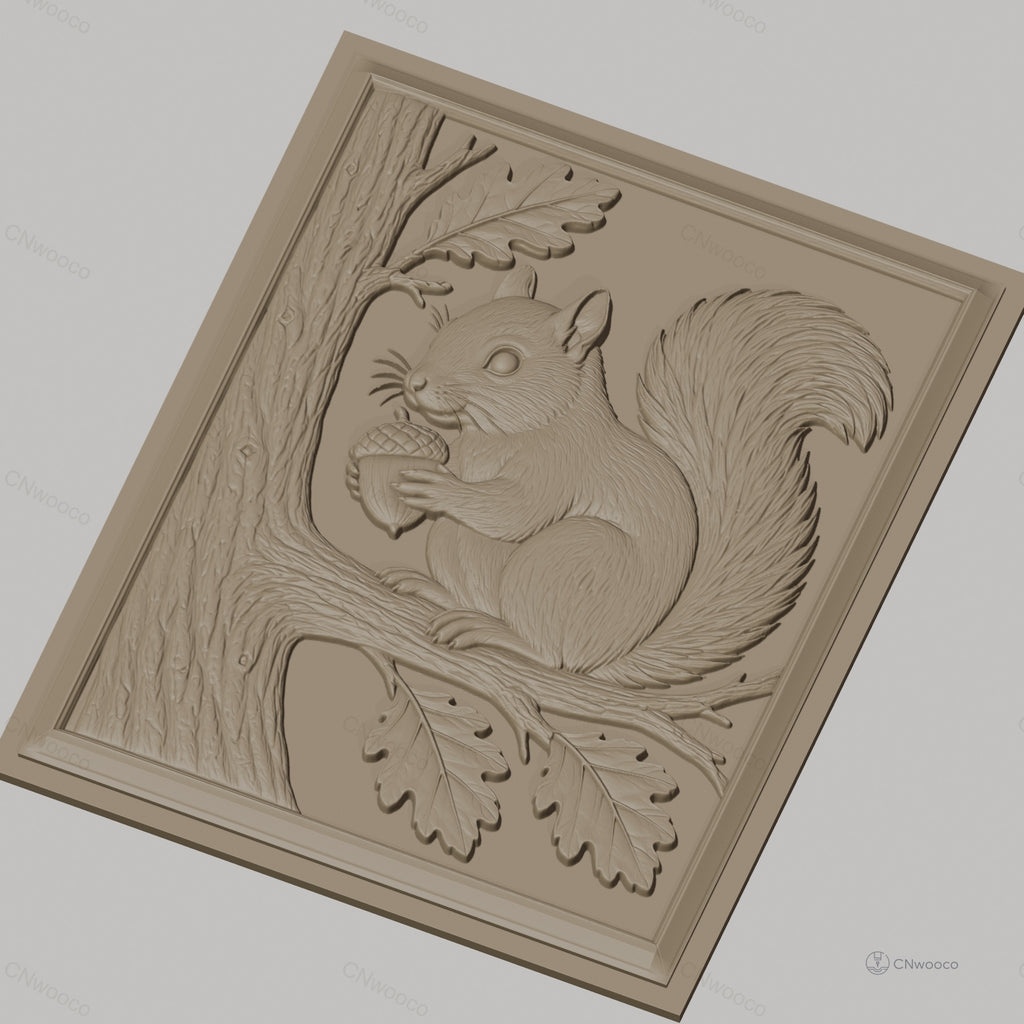 Fichier CNC & impression 3D écureuil, gland, branche et feuillage, haute qualité relief STL