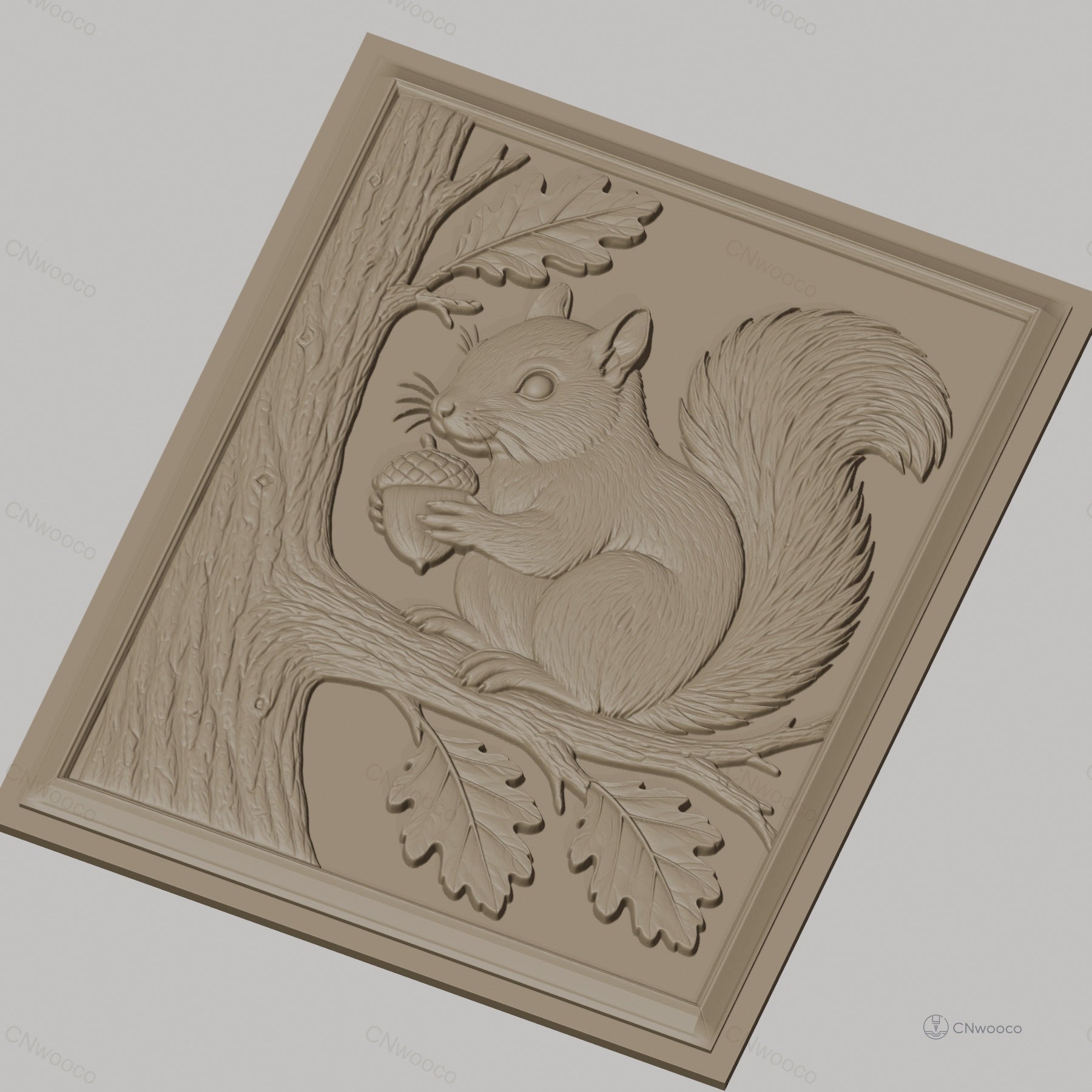 Fichier CNC & impression 3D écureuil, gland, branche et feuillage, haute qualité relief STL