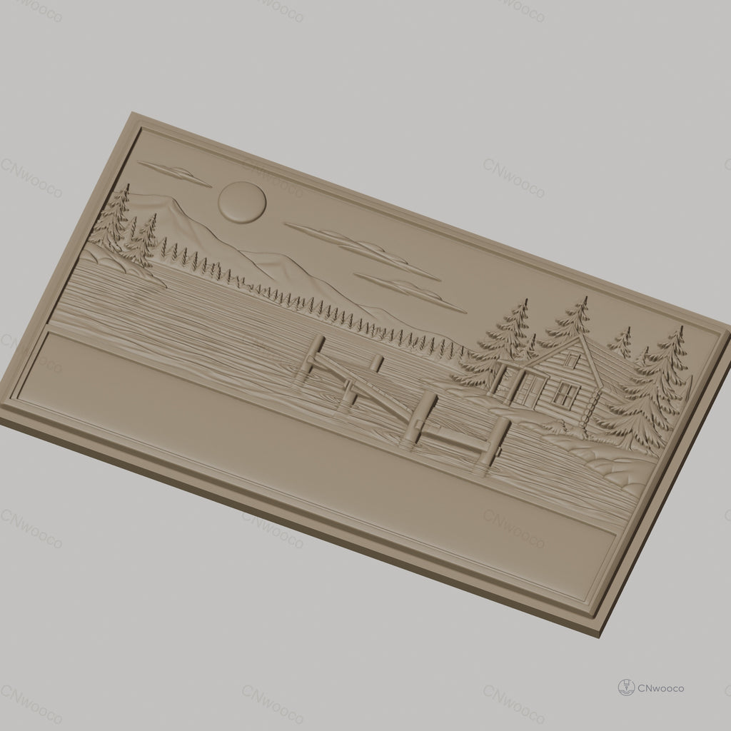 Fichier CNC & impression 3D paysage lac cabane ponton sapins montagne, haute qualité relief STL