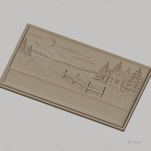 Fichier CNC & impression 3D paysage lac cabane ponton sapins montagne, haute qualité relief STL