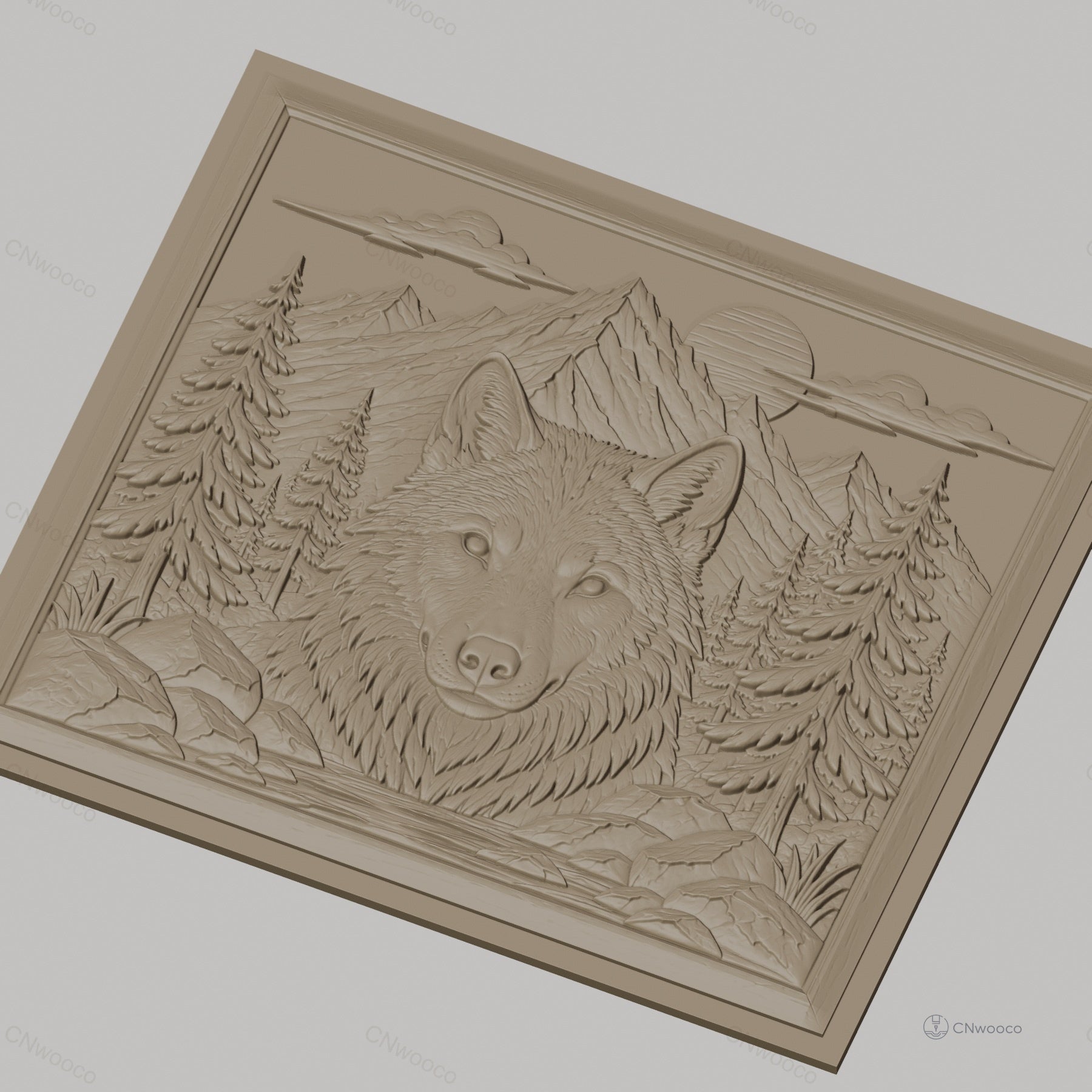 Fichier CNC & impression 3D loup montagne forêt rochers haute qualité relief STL