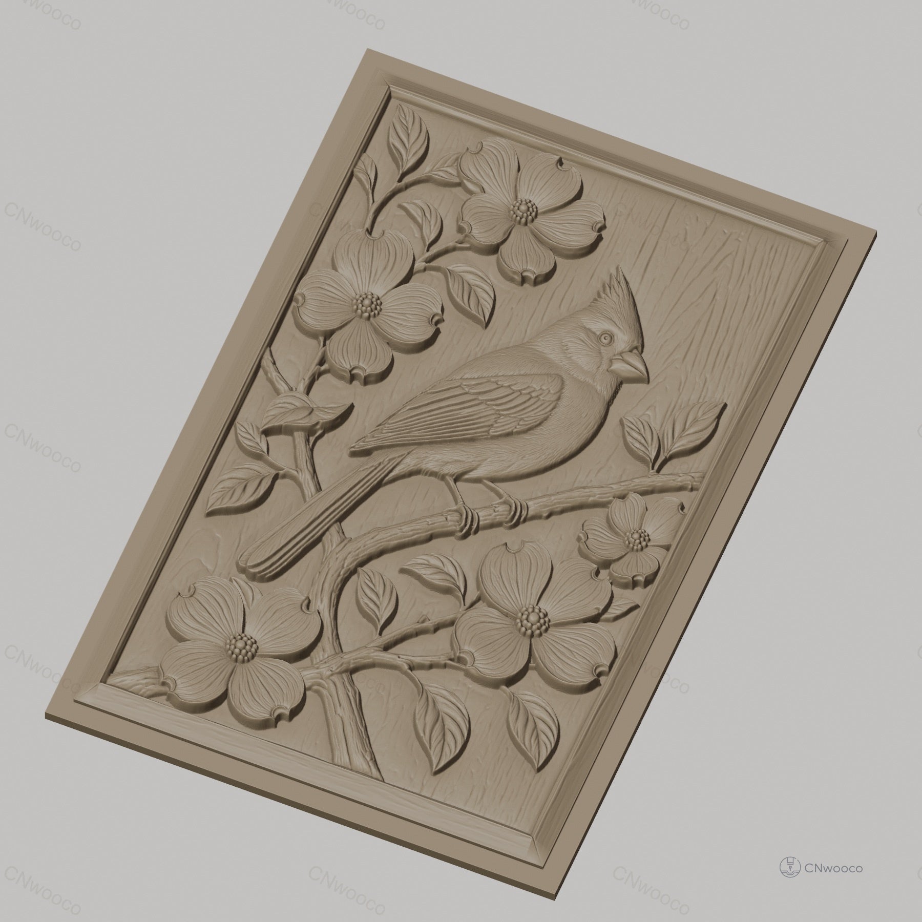 Fichier CNC & impression 3D oiseau cardinal sur branche fleurie, détails nature haute qualité relief STL