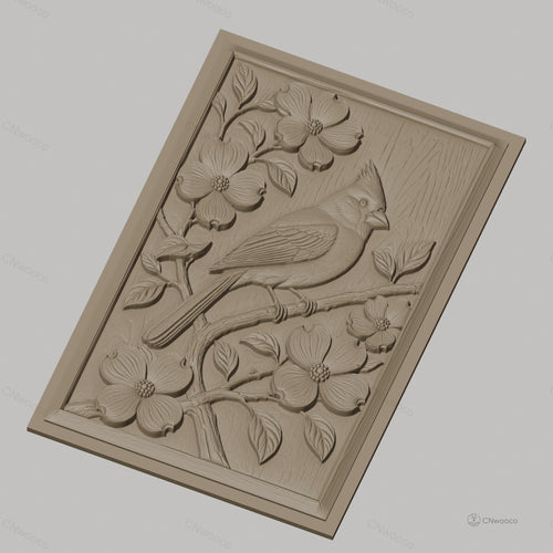Fichier CNC & impression 3D oiseau cardinal sur branche fleurie, détails nature haute qualité relief STL