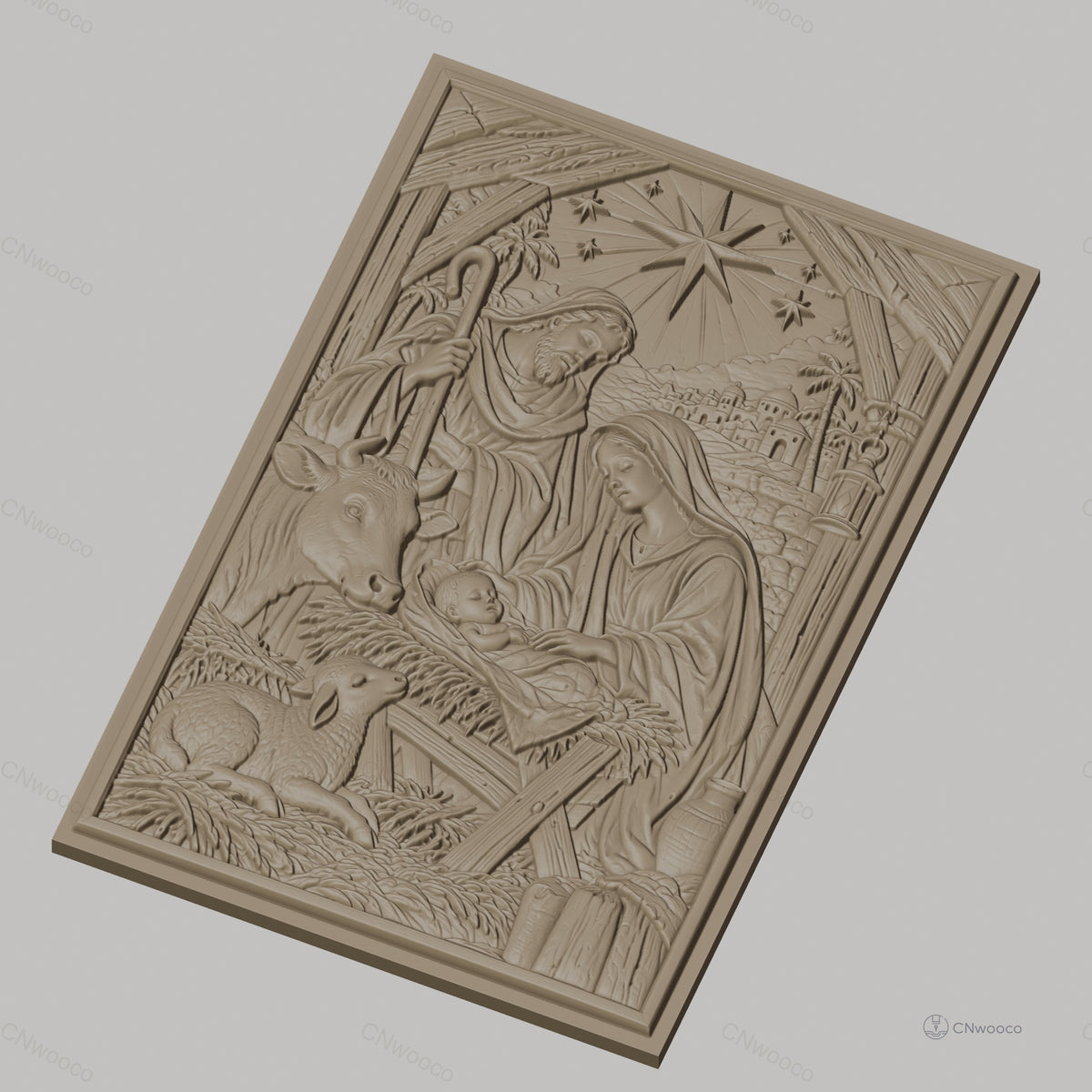 Fichier CNC & impression 3D scène de la nativité avec la Sainte Famille, animaux et étoile haute qualité relief STL