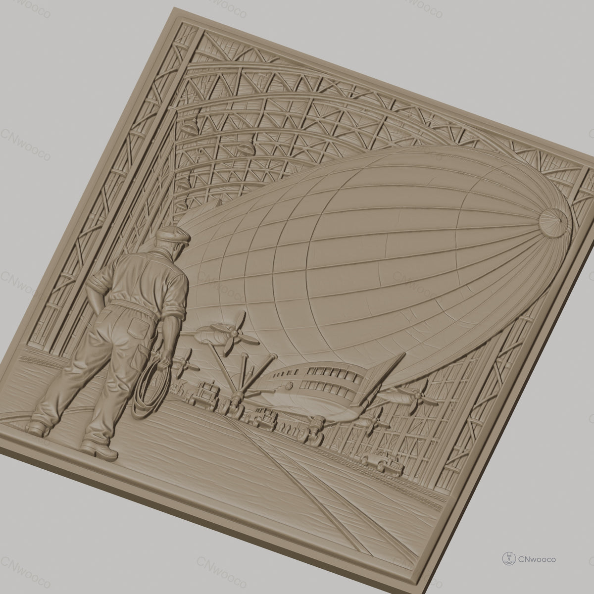 Fichier CNC & impression 3D dirigeable dans hangar avec technicien, haute qualité relief STL