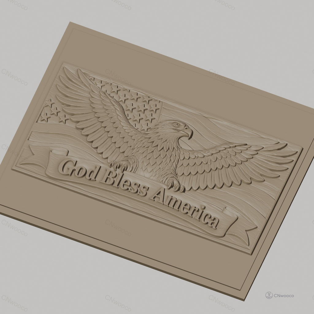 Fichier CNC & impression 3D Aigle américain, drapeau avec étoiles et texte God Bless America, haute qualité relief STL