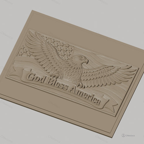 Fichier CNC & impression 3D Aigle américain, drapeau avec étoiles et texte God Bless America, haute qualité relief STL