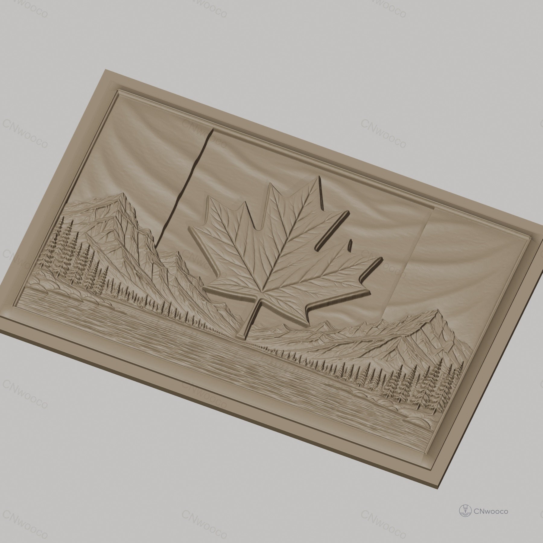 Fichier CNC & impression 3D drapeau canadien, feuille d'érable, montagnes, rivière, pins boisée, haute qualité relief STL