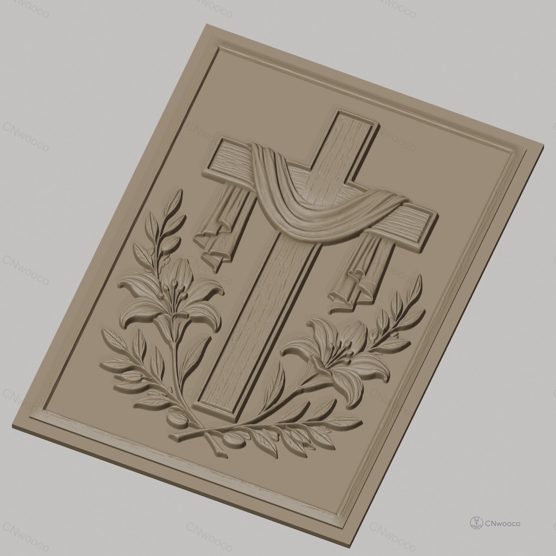 Fichier CNC & impression 3D Croix religieuse avec fleurs et drapé, haute qualité relief STL