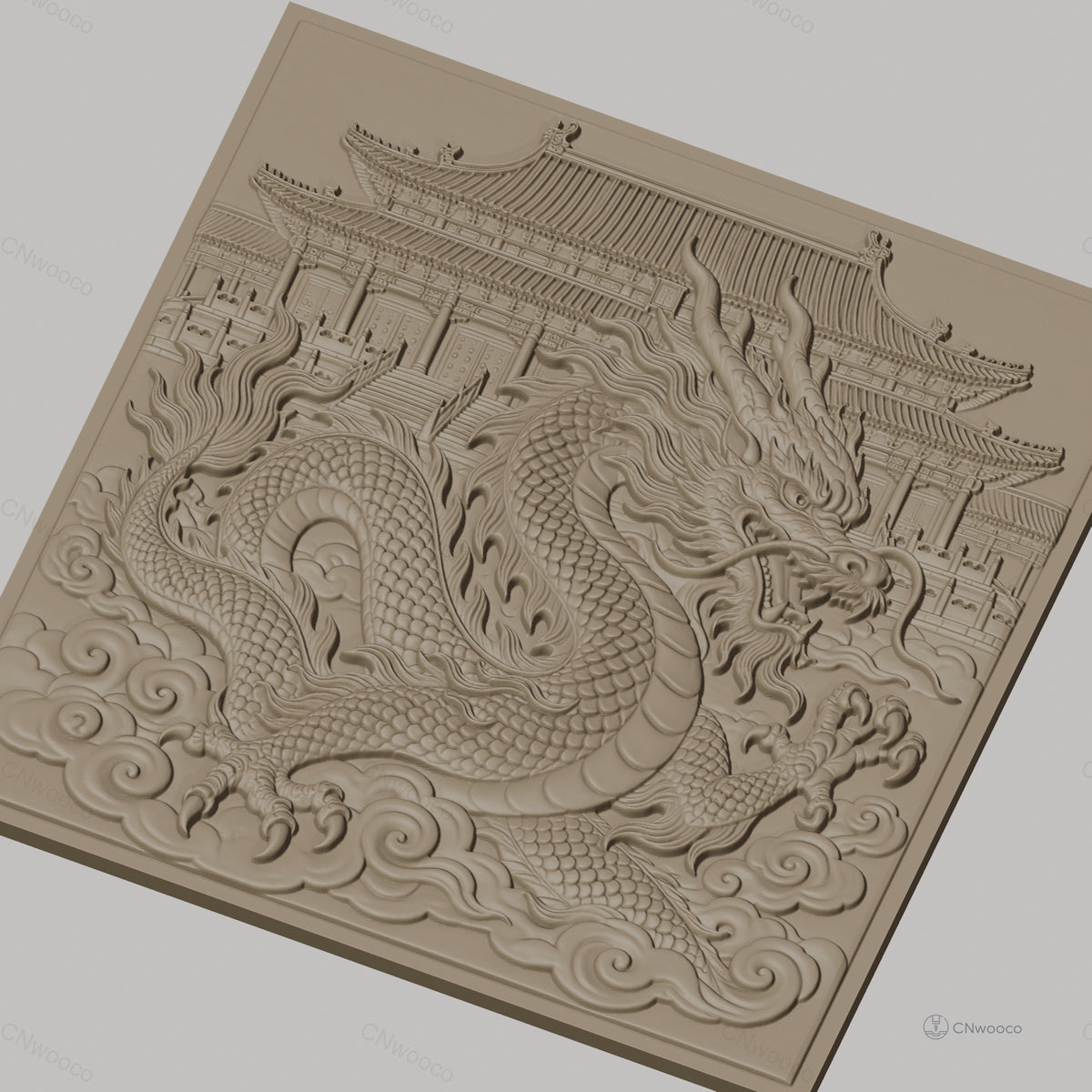 Fichier CNC & impression 3D dragon chinois, temple asiatique, nuages, haute qualité relief STL