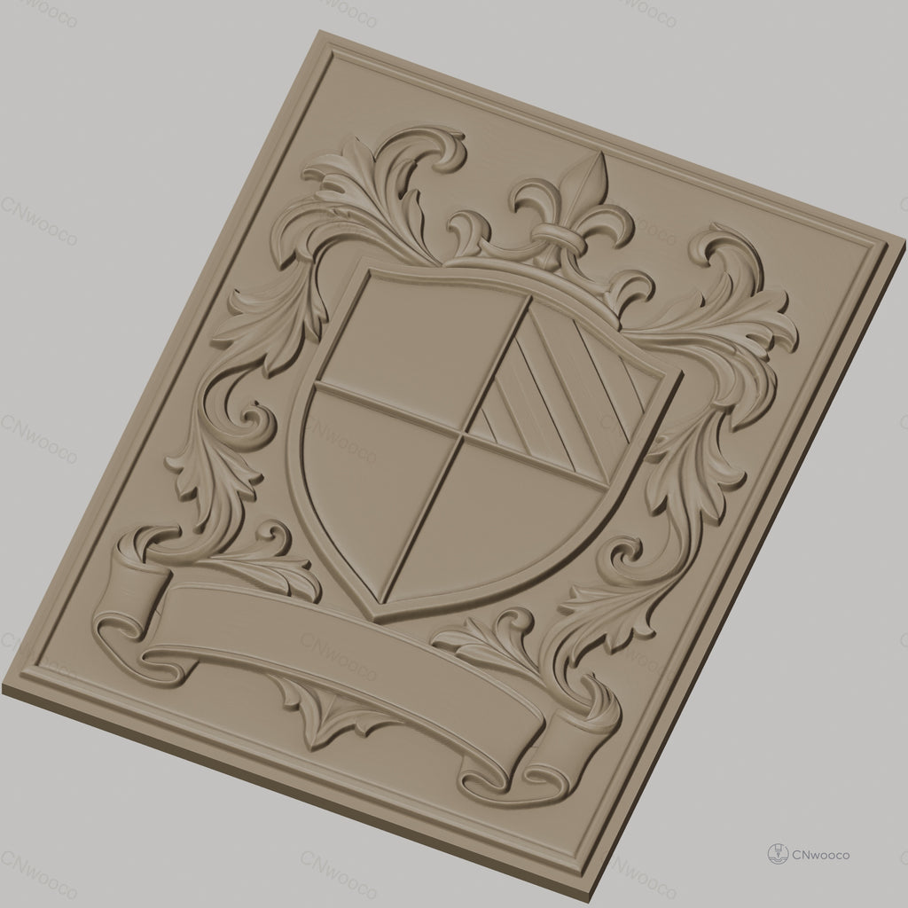 Fichier CNC & impression 3D blason héraldique, feuilles ornementales et bannière, haute qualité relief STL