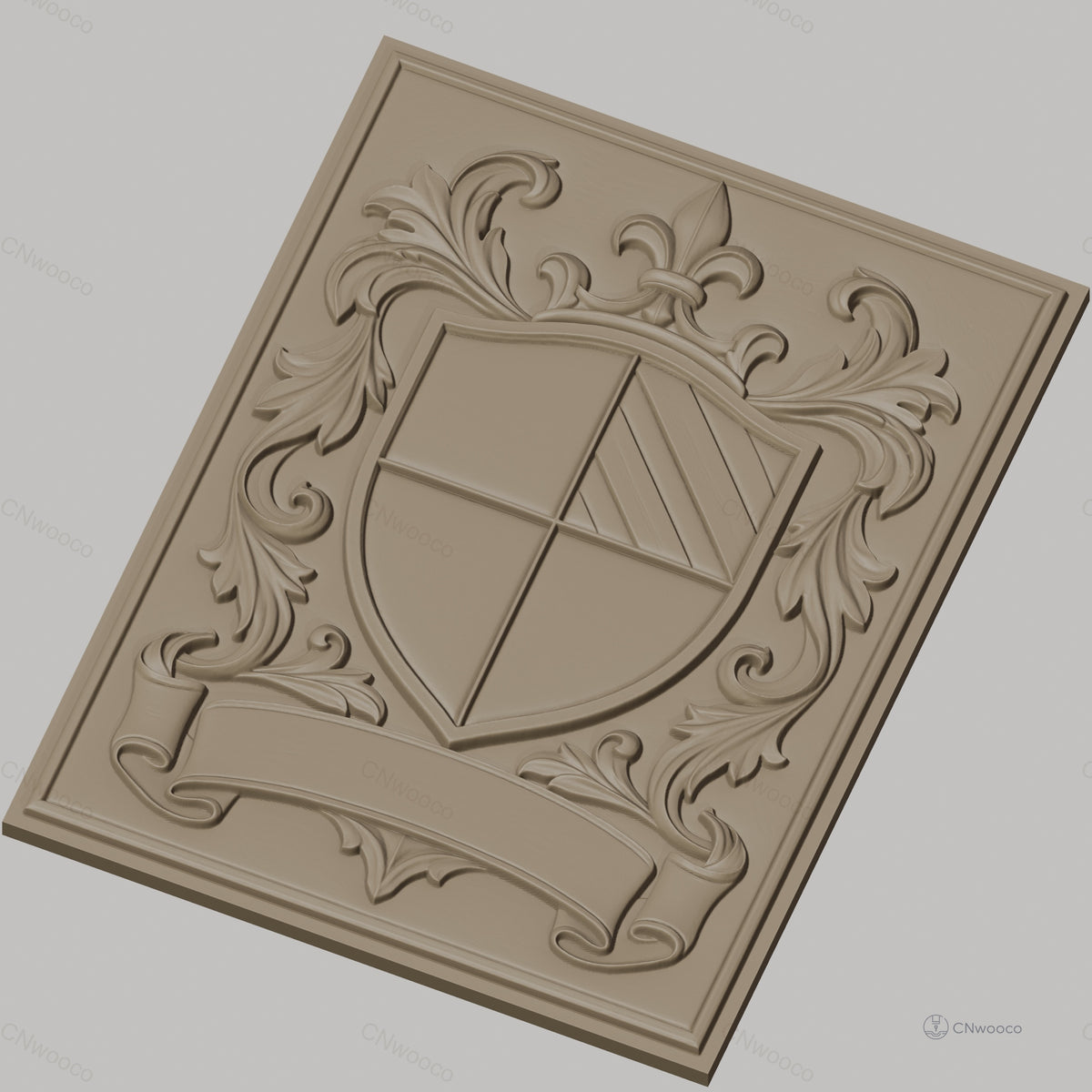 Fichier CNC & impression 3D blason héraldique, feuilles ornementales et bannière, haute qualité relief STL