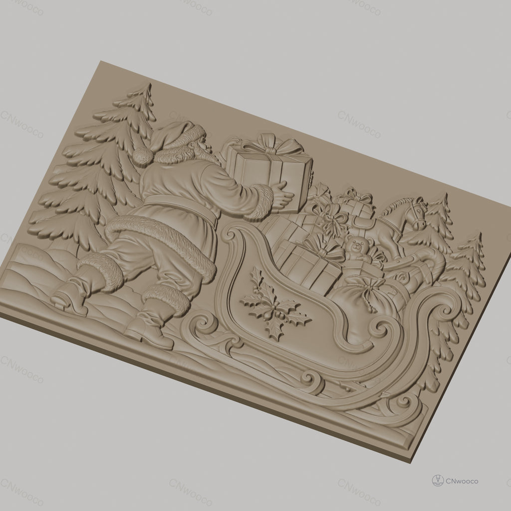 Fichier CNC & impression 3D Noël, Père Noël avec traîneau et cadeaux, haute qualité relief STL