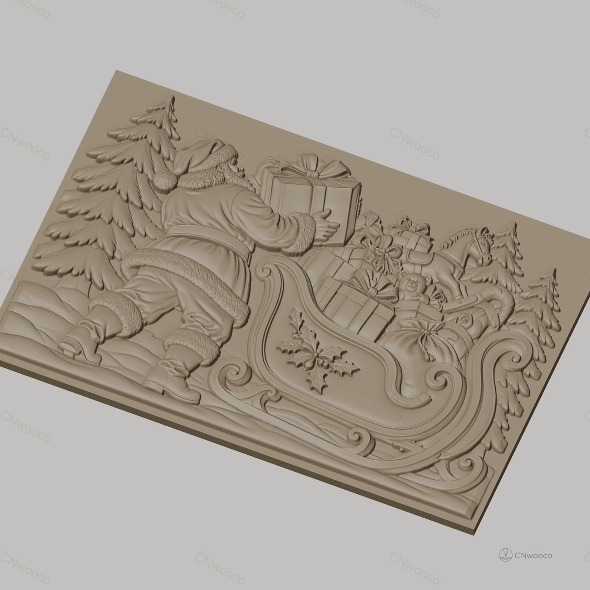 Fichier CNC & impression 3D Noël, Père Noël avec traîneau et cadeaux, haute qualité relief STL