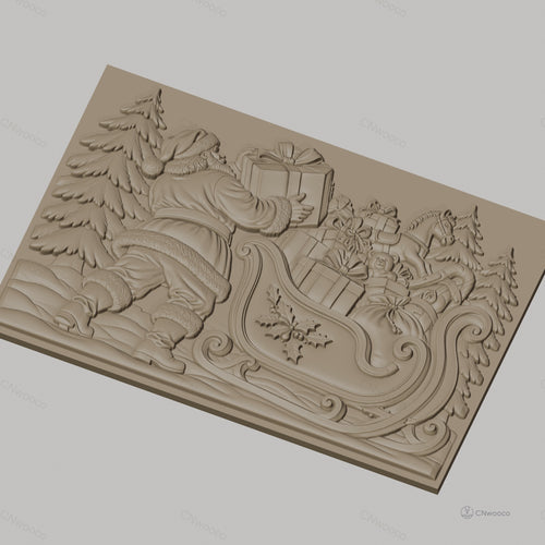 Fichier CNC & impression 3D Noël, Père Noël avec traîneau et cadeaux, haute qualité relief STL