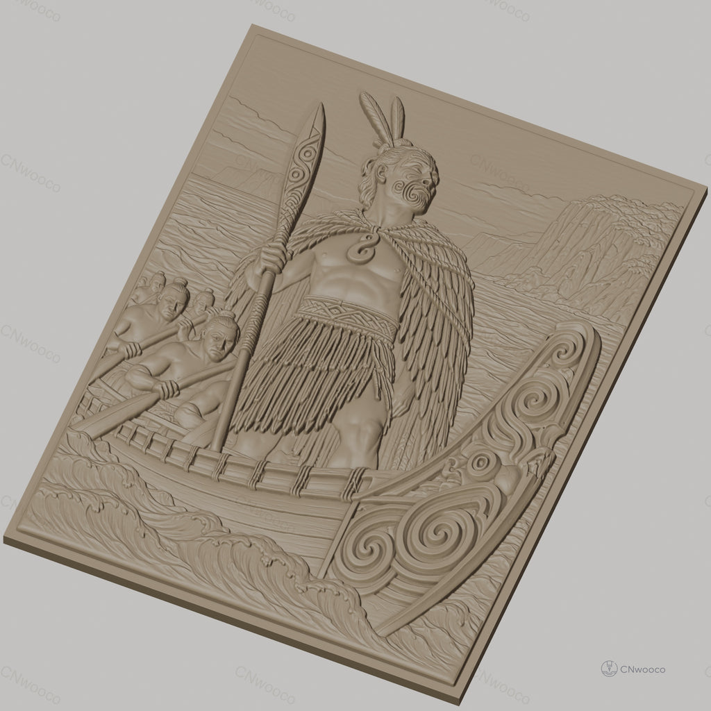 Fichier CNC & impression 3D guerrier maori, pirogue traditionnelle et tatouages tribaux, haute qualité relief STL