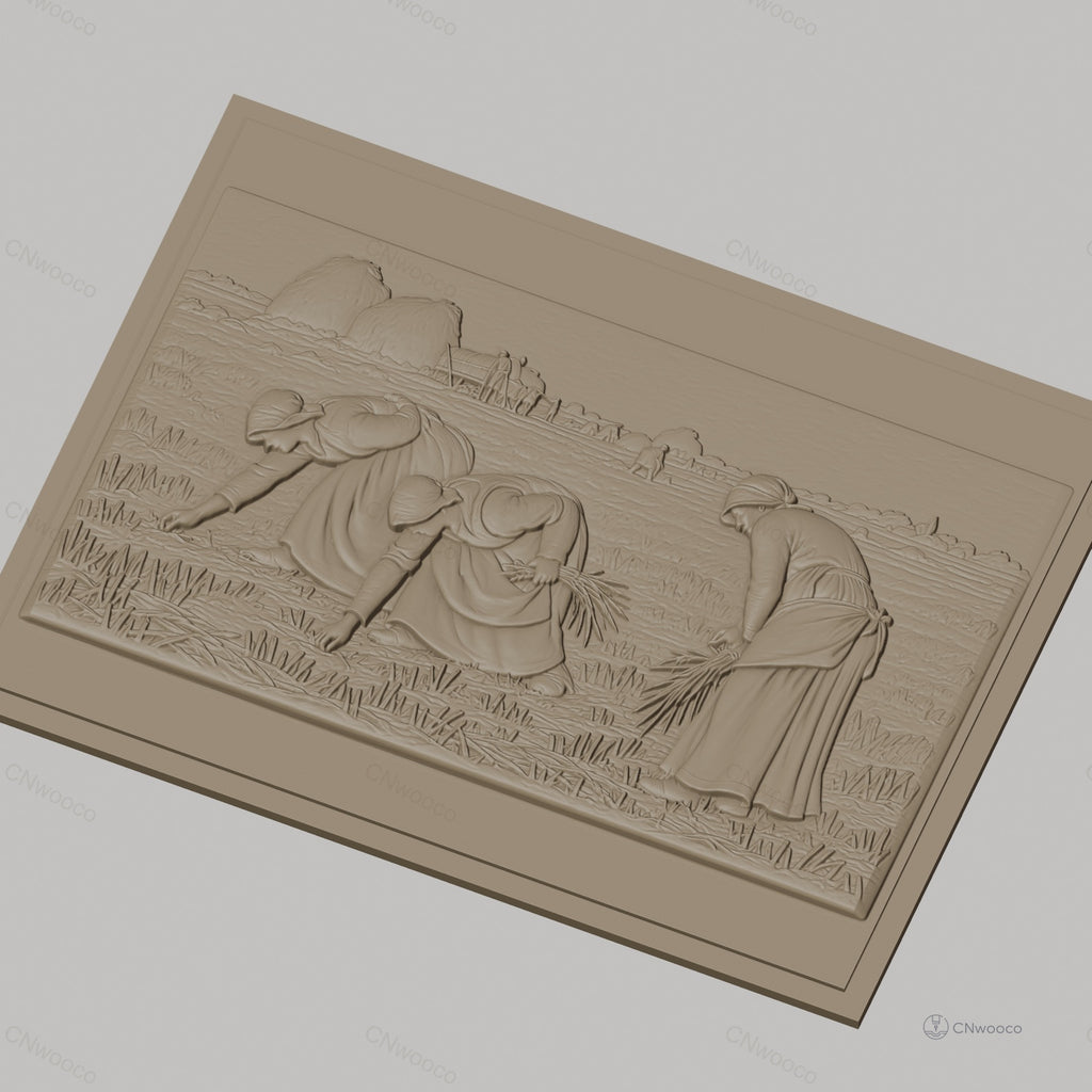 Fichier CNC & impression 3D scène de moisson, femmes travaillant dans un champ, haute qualité relief STL