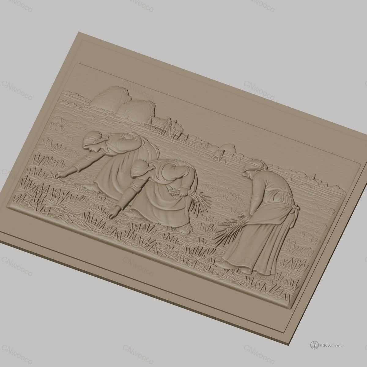 Fichier CNC & impression 3D scène de moisson, femmes travaillant dans un champ, haute qualité relief STL