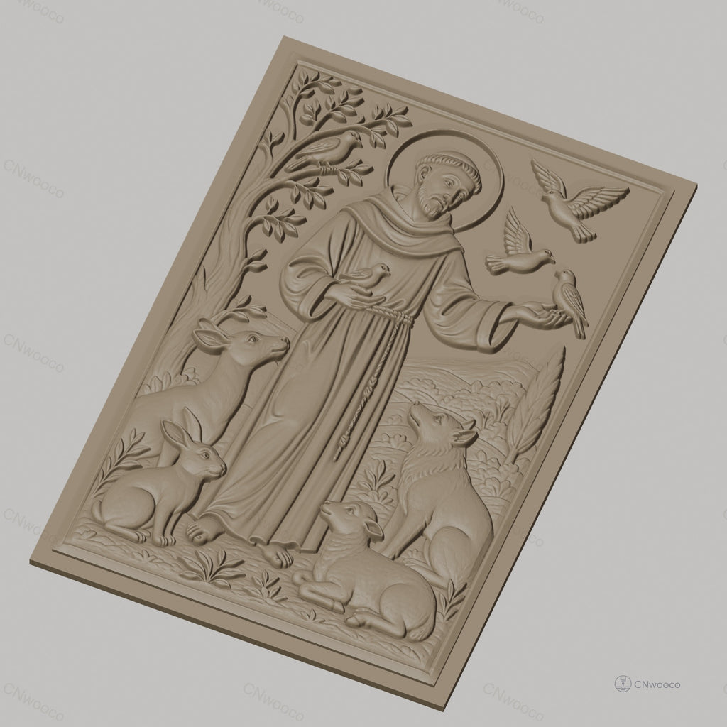 Fichier CNC & impression 3D Saint François d'Assise, animaux et oiseaux dans relief détaillé, haute qualité relief STL