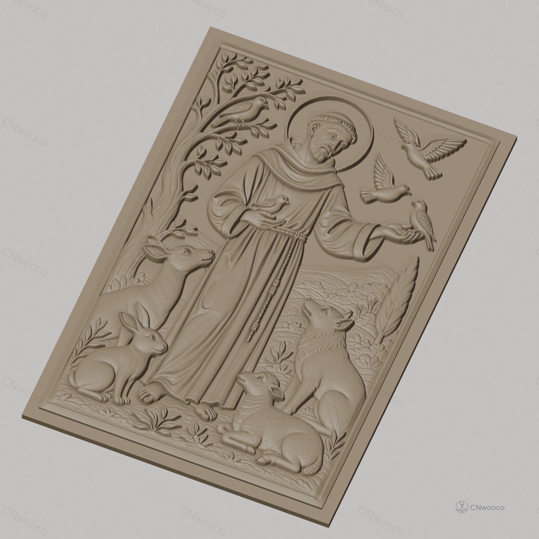 Fichier CNC & impression 3D Saint François d'Assise, animaux et oiseaux dans relief détaillé, haute qualité relief STL
