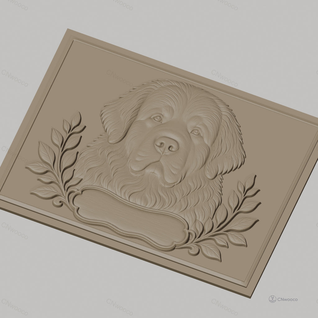 Fichier CNC & impression 3D chien terre-neuve, portrait relief avec feuilles décoratives, haute qualité relief STL