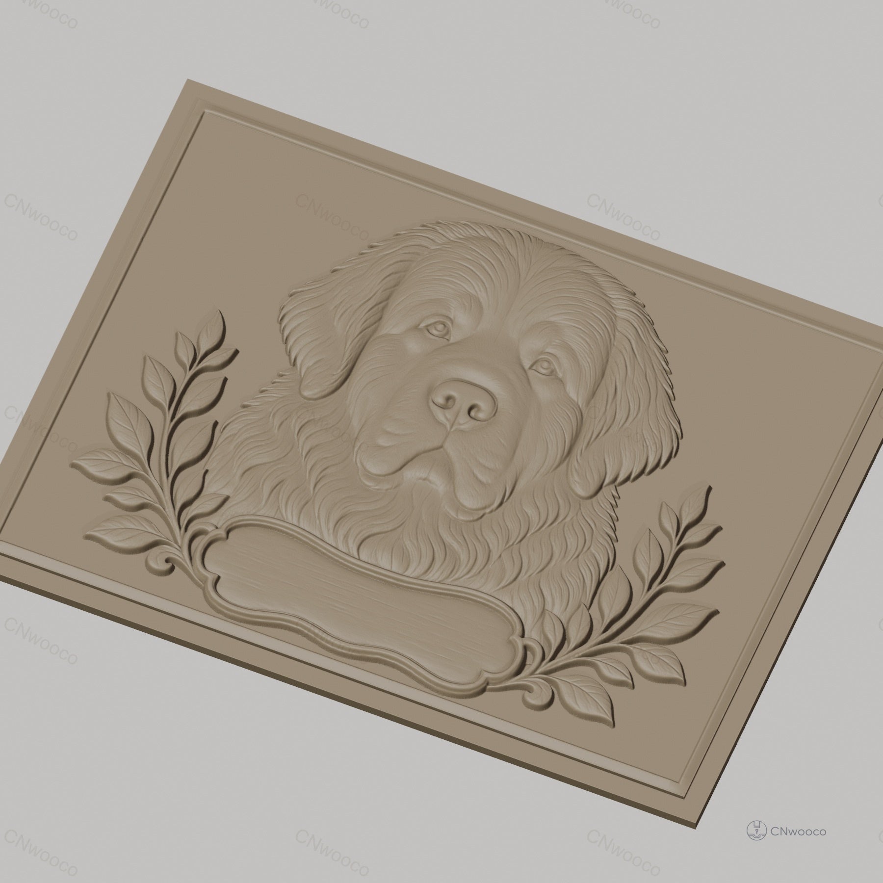 Fichier CNC & impression 3D chien terre-neuve, portrait relief avec feuilles décoratives, haute qualité relief STL